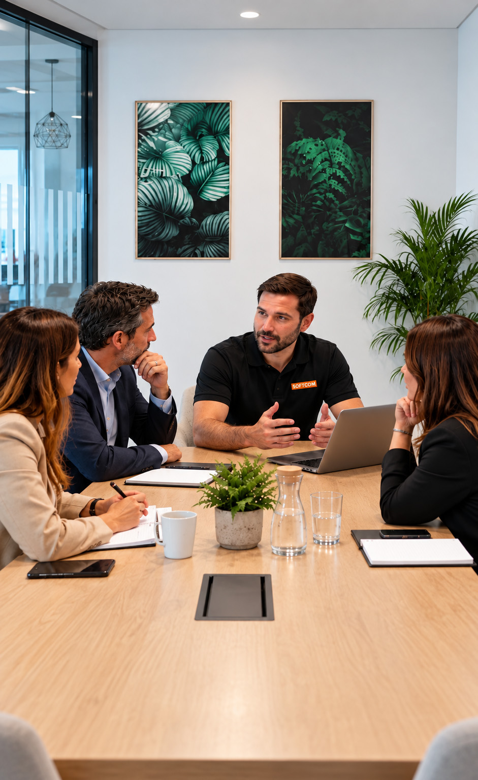 Miembro del equipo de Softcom reunido con clientes para trazar un plan para reforzar la seguridad de la empresa