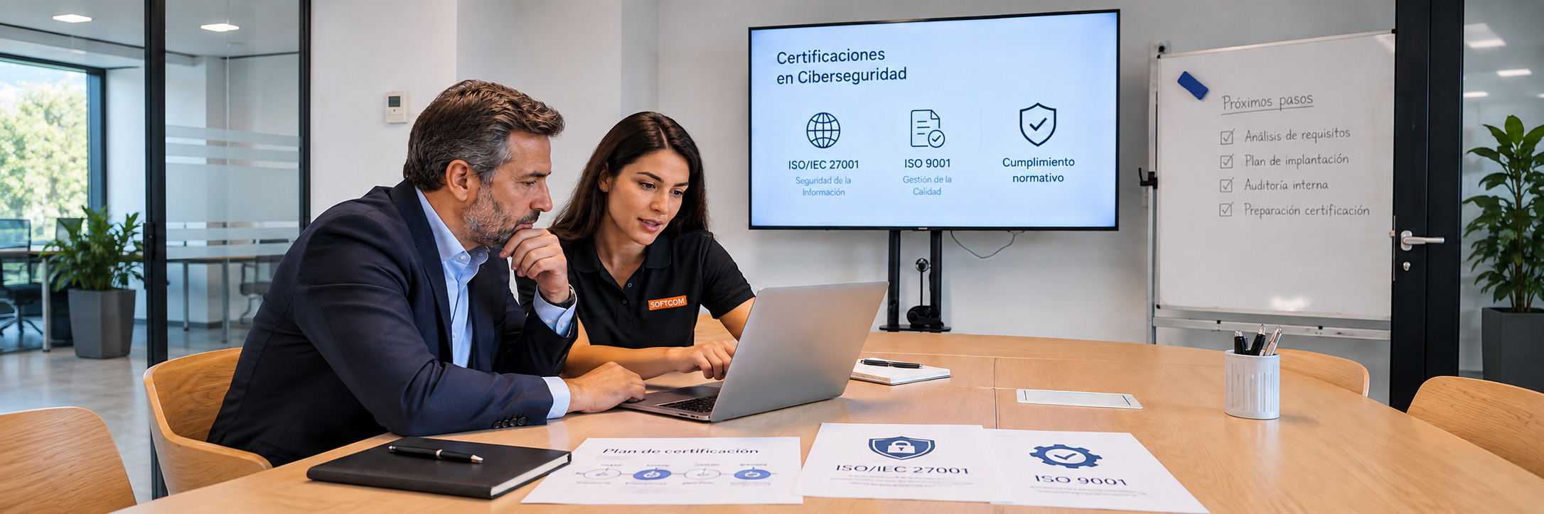 img-cumplimiento-seguridad Miembro del equipo de Softcom analizando la situación de una empresa para garantizar el cumplimiento de las normativas de seguridad