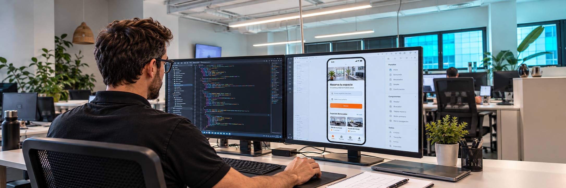 Miembro del equipo de Softcom trabajando en el desarrollo de una aplicación para una empresa