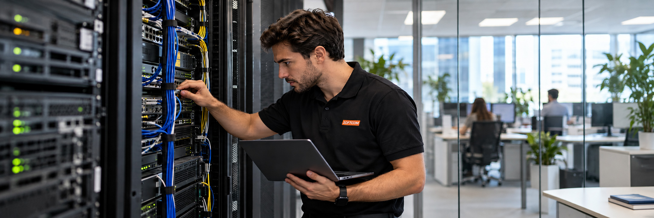 img-soporte-incidencias-informaticas Técnico de Softcom en la oficina de unos clientes resolviendo una incidencia informática